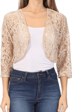 Women' Casual Lace Bolero Crochet Open Cardigan 3/4 Sleeve Sheer Cover Up Jacket 3X-Large Hcd01460 Nude