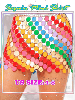 Aukmla Women Sequin Rainbow Chainmail Mini Skirt Sparkly Dots Belly Dance Hip Skirts Rave Waist Chain One Size Colorful