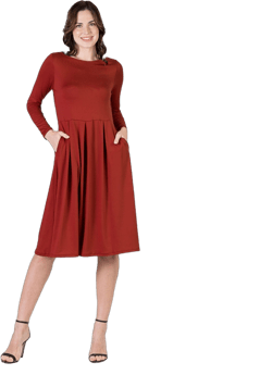 24Seven Comfort Apparel Womens Long Sleeve Midi Length Fit N Flare Pocket Dress-Rust-1X