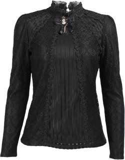 SansoiSan Women's Vintage Beaded Buttons Pleated Shirt Long Sleeve Lace Stretchy Blouse Medium Black