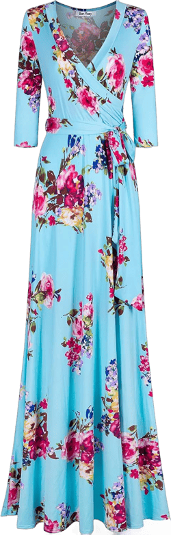 Women's Super Stretchy Maxi Party Dress Spring Floral Print Faux Wrap 3/4 Sleeve V-Neck Small Turquoise Pink