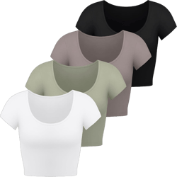 4 Pack Women's Cotton Basic Crop Tops Slim Fitted Short Sleeve Scoop Neck Top for Women Large Short Black,white,olive Green,coffee