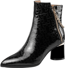TinaCus Women's Patent Leather Pointed Toe Handmade Zipper with Chain Mid Cone Heels Trendy Ankle Boots 11 Black