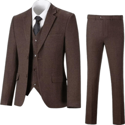 Retro 3 Piece Herringbone Tweed Suit Men's Wool Tuxedos Set Prom Brown Jacket Blazer Vest Pants Themed Wedding Dark Brown X-Small