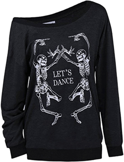 LuFeng Women's Christmas Halloween Off Shoulder Skeleton Printing Funny T-Shirt Long Sleeve Sweatshirts Pullover Tops