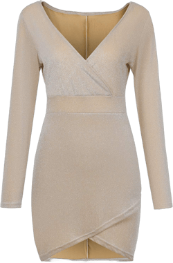 Womens Wrap Deep V Neck Mini Dress Long Sleeve Hide Tummy Elegant Bodycon Sequined Cocktail Party Midi Dress, 005#beige