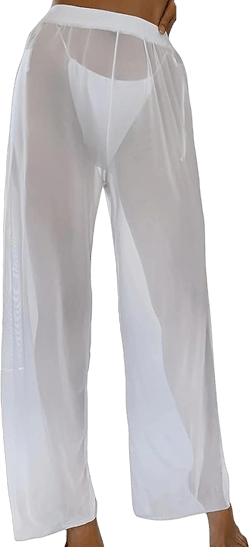 Womens Cover up Pants Sheer Bikini Bottoms Swimsuit Cover up Wide Leg Beach Pants White X-Large