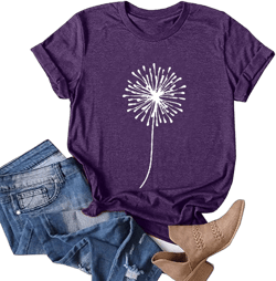 Short Sleeve Formals Plus Size T Shirts for Women Bohemian Summers Stretch Crewneck Tops Womans Fit Dandelion Pattern 1-purple Small