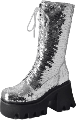 Women's Lace Up Glitter Combat Boots Platform Thick Wedge Heel Sequins Round Toe Mid Calf Boots 10 Silver