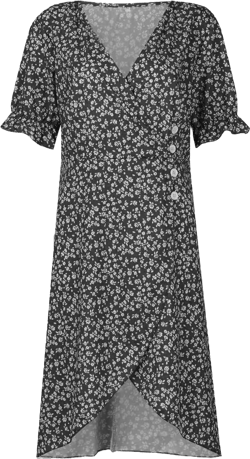 Women's 2024 Floral Bohemian Dress Wrap V Neck Short Sleeve Button Ruffle Hem A-Line Flowy Midi Dresses XX-Large Ua1-black