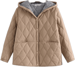 Autumn/Winter Plus Size Women Clothing Loose Fit Padded Jacket Fashion Hooded Argyle Split Thin Cotton Coat casual female top XX-Large Khaki