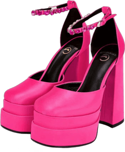 Women's Chunky Block Heels Platform Shoes Closed Toe Thick Heel Pumps of Ankle Strip with Rhinestone for Women Silk Satin Sandals 8 Rose Red