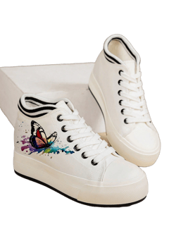 Women's Platform Sneakers With Butterfly Pattern, Low-Top Casual Canvas Shoes For Female Students, White, Fashion, Comfortable, Elevator Shoes