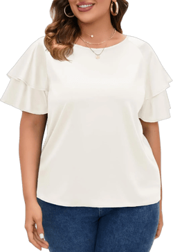 ZOMVA Women's 2024 Plus Size Satin Blouse Short Ruffle Sleeves Silk Top Dressy Shirt Office Elegant 0X Pearl White