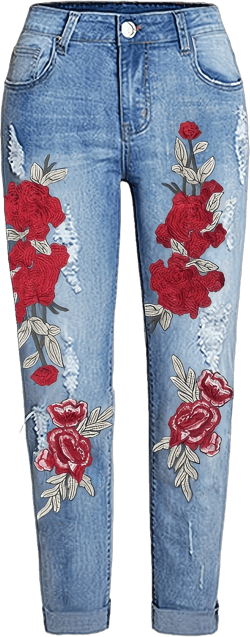 Women's Elegant Jeans - Plus Size Floral Print Ripped Roll Hem High Stretch Distressed Denim Pants - For Women - Suitable for Casual & Party Occasions - Perfect Gift for Fashionable Ladies