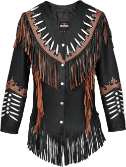 Women's Western Style Suede Leather Jacket with Native American-Inspired Design Fringes, Beads & Braid Small Black