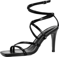 FRJRWomen's Lace Up Heels Tie Up Square Open Toe Stiletto High Heeled Sandals Rhinestone Strappy Sexy Party Shoes 11 Black