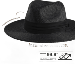 FURTALK Womens Mens Wide Brim Straw Panama Hat Fedora Summer Beach Sun Hat UPF Straw Hat for Women Medium-Large Black