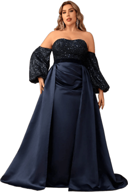 Giffniseti Women Plus Size Formal Ball Evening Dress Elegant Light Luxury Sequined Off Shoulder Lantern Sleeve Sequined Satin Evening Dress Prom Wedding Guest Gown, For Graduation, Dinner