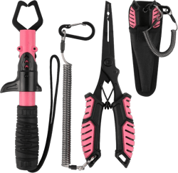 mouhike Fishing Pliers, Fish Lip Gripper Fishing Tools Kit Muti-Function Saltwater Fishing Line Cutter Hook Remover with Sheath Lanyard, Fly Ice Fishing Gear Fishing Gifts for Men Women Pink & Black