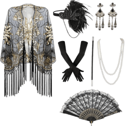 1920s Flapper Accessories Set for Women, 7pcs Roaring 20s Accessories 1920s Accessories for Gatsby Including Fringed Evening Cape Scarf, Long Satin Gloves, Headband, Pearl Necklace, Earrings Black