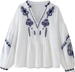 Womens Embroidered Shirt Long Sleeve Peasant Blouse Lantern Sleeve Boho Tops V Neck Loose Lightweight Casual Tunic White Large