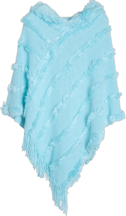 FEOYA Women's Casual Hooded Sweater Pullover with Fringe Batwing Shawls Wraps Crochet Pattern Knitted Poncho One Size Blue