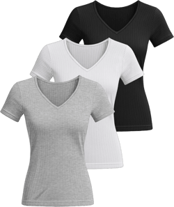 Ficerd 3 Pack Women's Short Sleeve Cotton T-Shirts V Neck Ribbed Slim Fit Tops Ladies' Casual Summer Basic Tee Black, White, Light Gray Medium