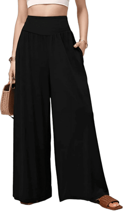 MLDRA Pants for Women Wide Leg Flowy Dressy Casual Pants Elastic High Waist Palazzo Pant with Pockets Women's Black Loose Pants