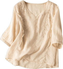 Cotton Linen Tops for Women Summer Casual 3/4 Sleeve T Shirts Lightweight Ethnic Style Embroidery Blouses Tees Beige-25o XX-Large