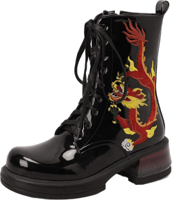 Women's Fashion Chunky Heel Combat Ankle Boots Lace Up Chinese Dragon Ankle Booties with Side Zipper Leather Boots 9 Black