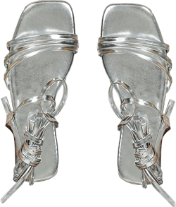 GORGLITTER Women's Metallic Lace Up Flat Sandals Criss Cross Tie Up Square Open Toe Strappy Slip On Sandals 8 Silver