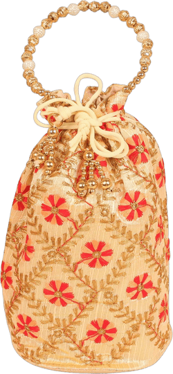 beaded handcrafted embroidered/brocade evening purse drawstring handbag vintage party wedding gift for women. D038 Red Peach Gold 6"x4"