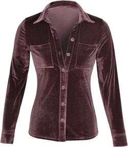 Vintage Velvet Button Down Shirts for Women Solid Boyfriend Slim Fit Collared Long Sleeve Tops Front Pocket Velour Blouses X-Large Burgundy
