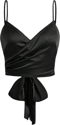 Verdusa Women's Satin Wrap Cami Top Crisscross V Neck Tie Back Sleeveless Crop Tops Large Black