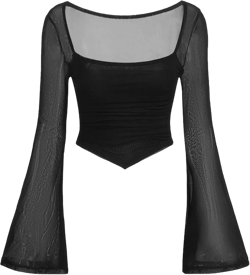 Avanova Women Mesh Bell Long Sleeve Crop Top Square Neck Asymmetrical Hem Shirt Black A Small