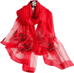 Silk Scarf Chiffon Scarf Women Ginkgo Embroidery Transparent Tulle Lightweight Long Scarf Shawl Wrap Spring Autumn Red