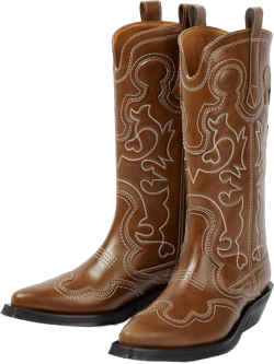THESHY Embroidery Western Boots For Women,womens Leather Mid Calf Boots Pointed Toe Chunky Low Heel Cowboy Cowgirl 7 Brown