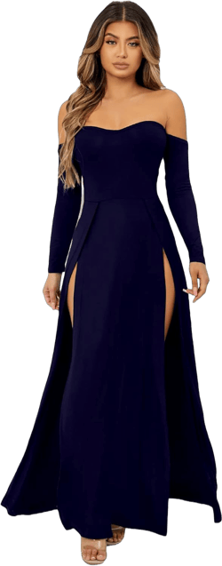 SweatyRocks Women's Elegant Off Shoulder Double High Slit Long Sleeve Dress A Line Maxi Dresses X-Large Navy Blue