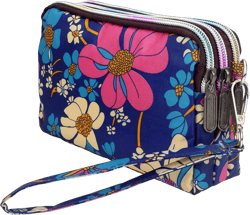 CONISY Large Capacity Wristlet Wallets for Women, Printed Nylon Crossbody Clutch Purse, 3 Zipper Cell Phone Wallet for Ladies Flowers Blue Background