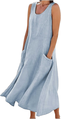 Women Midi Dresses Fashion Beach Sundress Solid Cotton Linen Sleeveless Long Dress Summer Daily Casual Maxi Dress 3X-Large Sky Blue