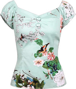 YARN & INK Women's Rockabilly Tops 1950s Pinup Shirt Casual Off Shoulder Vintage Blouse 4X-Large Bird With Flower