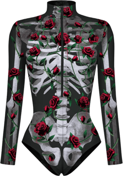 Women's Skeleton Jumpsuit Zip Up Halloween Bodysuit Sexy Halloween One Piece Outfit Black Rose Skeleton Large-X-Large