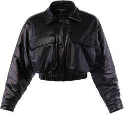Women's Cropped Front Two Pocket Snap Quilted Padding Bomber Jacket X-Large Yawcjl0001 Pu Leather Black