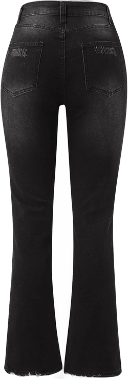 Yoyorule Stretch Waist High Women's Micro-Flare Zipper Button Ripped Slim-fit Retro Jeans Women's Jean Pants for Women High Waist Black