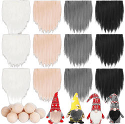 Precut Gnome Beard, 12 Pcs Faux Fur Costume Beard in 4 Colors, Handmade Dwarf Beard with 12 Wooden Balls for Easter Halloween Christmas Crafts Decor