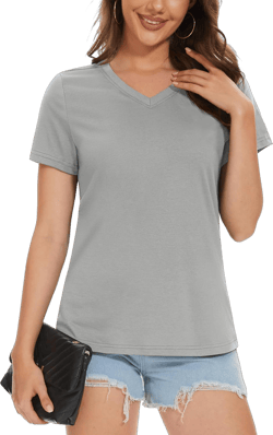 MAGCOMSEN Women's Cotton T Shirt V-Neck Short Sleeve Shirt Classic-Fit Casual Breathable Tee Summer Basic Tops X-Large Light Gray