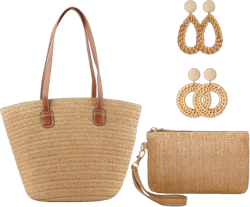 Womens Straw Large Beach Bag Woven Straw Tote Bag Women Handmade Weaving Crossbody Shoulder Bag Handbag Vacation Straw Purse Beach Earring Bohemia Swim Shop Travel Bag Set for Summer
