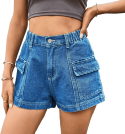 Summer Denim Shorts for Women Casual Elastic Waist Cargo Shorts with Pocket Outdoor Hiking Shorts Streetwear Large A2 Blue