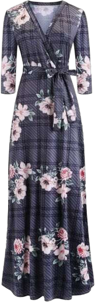 Women's Floral Print Long Dresses Sexy V Neck Pleated Retro Maxi Dresses
